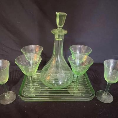Uranium Glass Decanter, Platter and Set of 6 Stemware