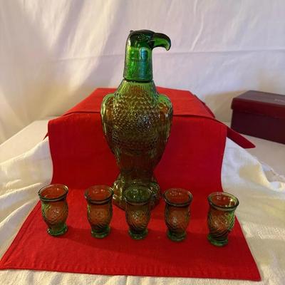 Vintage Avon Glass Eagle Liquor Decanter with 5 Matching Cordial Glasses
