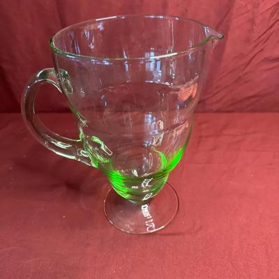 Vintage Green Footed Glass Pitcher – Art Deco Era Swirl Design”