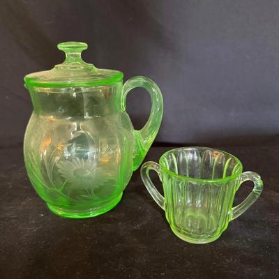 Uranium Glass Pitcher w/Lid & Sugar Bowl (3 pieces)