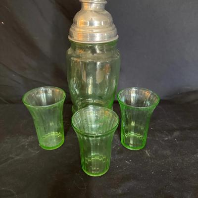 Uranium Glass Drink Shaker & 3 Fluted Glasses