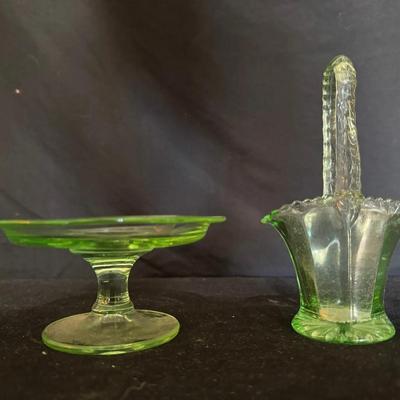 Uranium Glass Handled Basket & Dessert Stand (Set of 2)