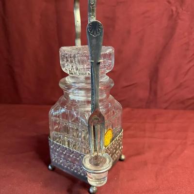 Vintage Glass Condiment Jar w/ Metal Caddy & Serving Spoon