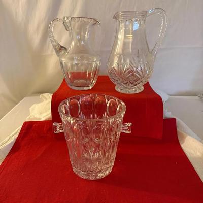 Two Glass Pitchers And Ice Bucket