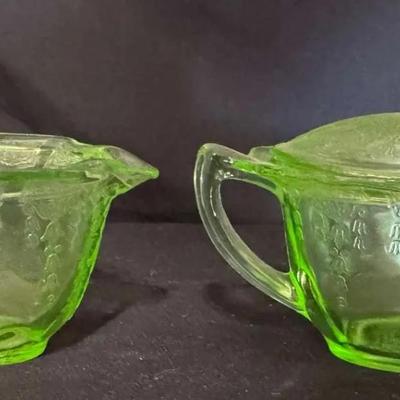 Uranium Glass Sugar Bowl & Creamer 