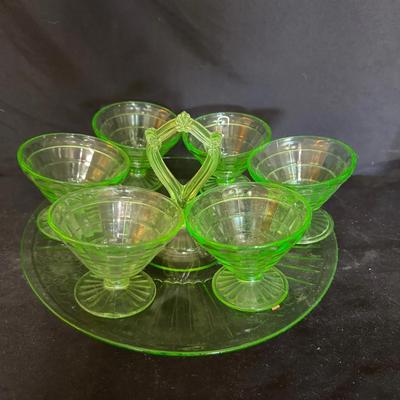 Uranium Glass Handled Drink Platter and Six Low Goblets
