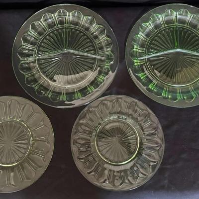Uranium Glass Set of 2 Divided Dinner Plates and 2 Bread Plates (4 Pieces Total)