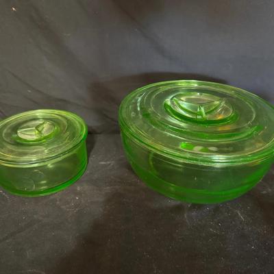 Uranium Glass Pair of Two Lidded Containers 