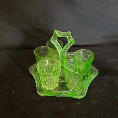 Uranium Glass Cup Platter & Five Cups