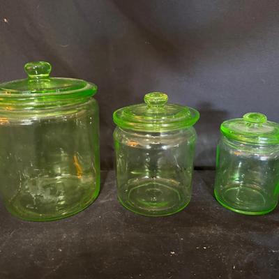 Uranium Glass Set of Three Nesting Pantry Jars w/Lids