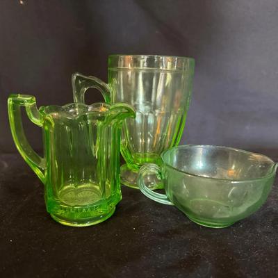 Uranium Glass Set of 2 Pitchers w/Sugar Bowl