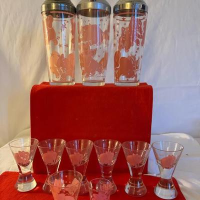 Vintage Mid-Century Elephant Cocktail Bar Set – 11 Pieces, Coral Pink Glass & Shakers”