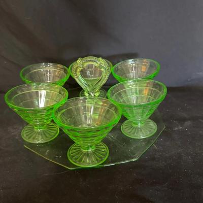 Uranium Glass Handled Drink Platter & Six Goblets