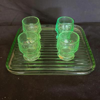 Uranium Glass Drink Platter & Four Tumblers