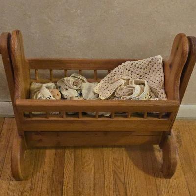 Vintage Rocking Wooden Cradle With 2 Vintage Dolls Including A Madame Alexander Little Genius baby