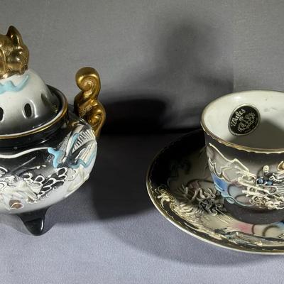 Vintage Japanese Moriage Dragonware Tea Set With Hidden Geisha Lithophane