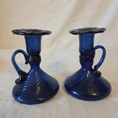 Vintage Cobalt Blue Handblown Glass Candlesticks.
