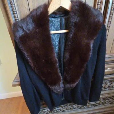 Ladies Vintage Black Orlan Cardigan With  Mink Shawl Collar