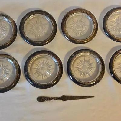 Kirk Stief Letter Opener And 8 Silver Plated Glass Coasters