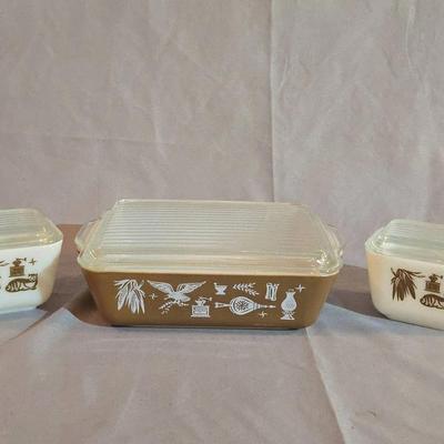 3 Vintage Pyrex Early American Brown Refrigerator dishes