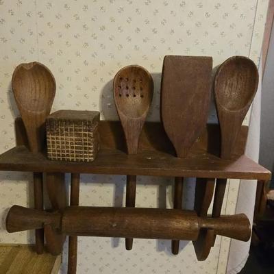 Vintage Wall Mounted Wooden Utensil Holder