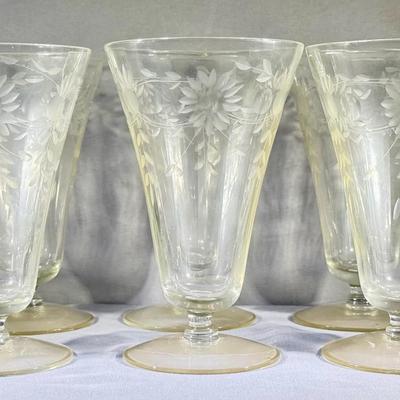 Vintage Etched Glass Water Goblets Set of Six