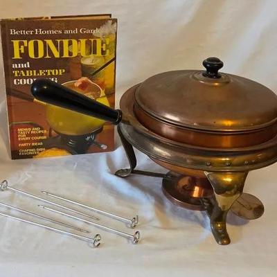 Vintage Copper & Brass Fondue Pot With Cookbook