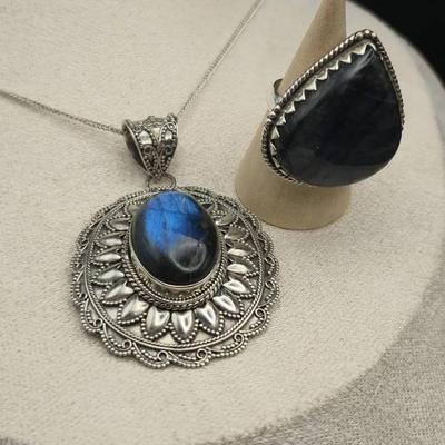 Silver Blue Flash Labradorite Ring Size 8 And Necklace