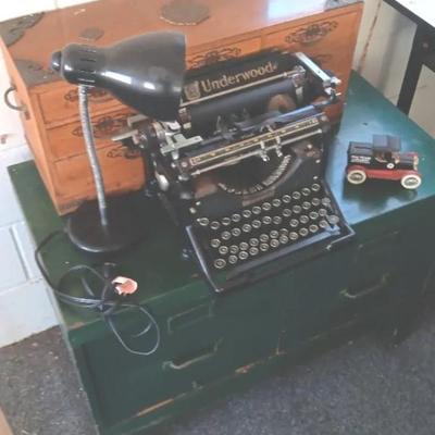 EFF061 Vintage Wood Cabinet, File Cabinet & Underwood Typewriter