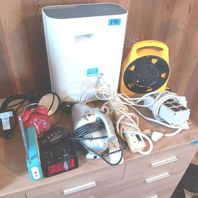 EFF190 Misc. Items Including Air Purifier, Extension Cords Mini Vac, Clocks, Radio & Lamp
