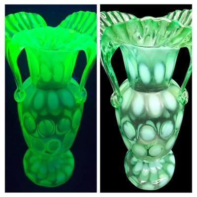 Sale Photo Thumbnail #2: Victorin Vaseline Glase Epergne Vase Ruffled Rim
