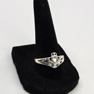 Silver Claddagh Ring With Diamond And Sapphire Accents Size 9