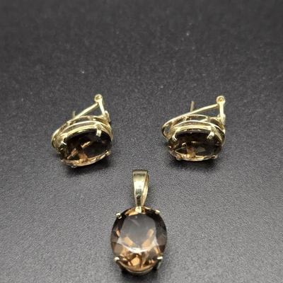 14k Gold Smokey Topaz Earrings And Pendant Set