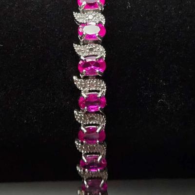 14 3/8 Carat TGW Lab Pink Sapphire Sterling Silver Bracelet With Diamond Accents