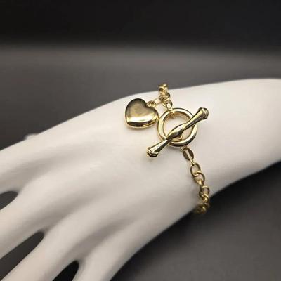 14K Gold Heart Charm Bracelet With Toggle Clasp 7"