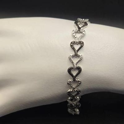 Silver Black And White Heart Bracelet 7"