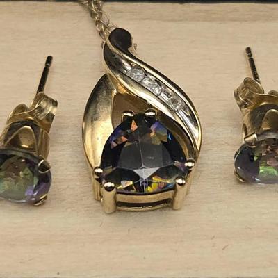 10K Mystic Fire Topaz Earrings With Pendant And 18" 10K Chain