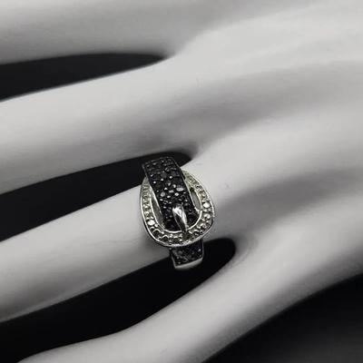 Silver 1/4 Carat Black And White Rose Cut Diamond Belt Ring Size 6.75