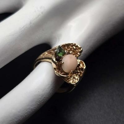 Angel Skin Coral & Emerald Ring. 14k Gold Size 3.75