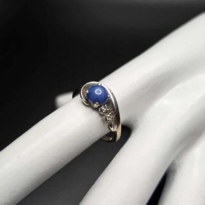 Blue Lindy Star Sapphire & Diamond 14k White Gold Ring Size 5.25