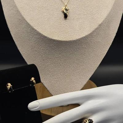 10K Black Hills Gold Necklace With Pendant, Earrings And Ring Size 8 Set