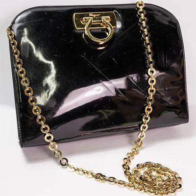 Authentic Ferragamo Gancini Chain Strap Patent Leather Shoulder Bag 