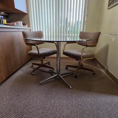 Mid century modern smoked glass top table, vintage Chromcraft chairs