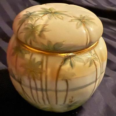 Antique Nippon Hand-Painted Porcelain Palm Tree Lidded Jar