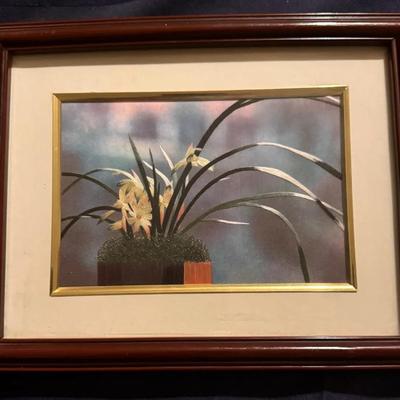 Framed Floral Still Life Print in Wood Frame w/ Gold Accent Mat
