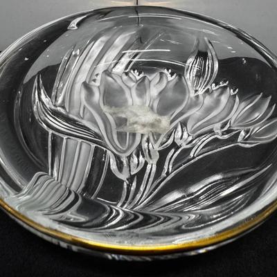 Clear Glass Floral Paperweight with Gold-Tone Rim Accent