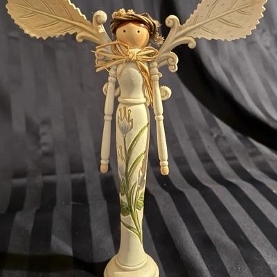 Decorative Wooden Angel Figurine w/ Leaf Wings & Floral Hand-Painted Details