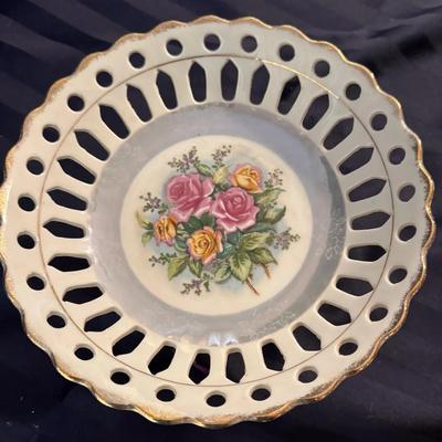 Vintage Courtership Pierced Pedestal Compote – Floral Center, Gold Trim, Made in Japan