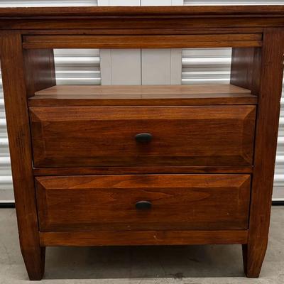 Solid Wood Nightstand w/ Glass Top, Open Shelf & 2 Drawers – Warm Brown Finish