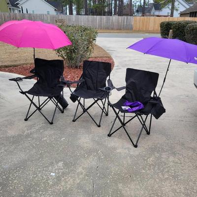 (3) Academy Sports Folding Chairs, (2) Academy Sports Chair Umbrellas